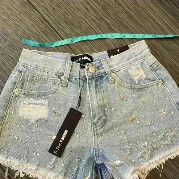 Embellished Crystals Denim Jeans Shorts Sz 1 - Picture 12 of 14